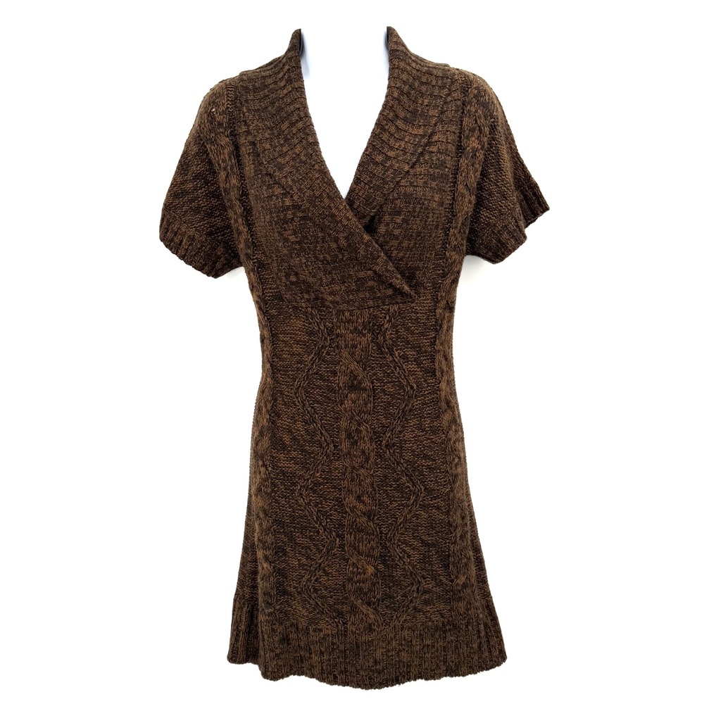 Y2K Mini Sweater Dress Size M Cable Knit Shawl Collar Short Sleeve Brown Forest